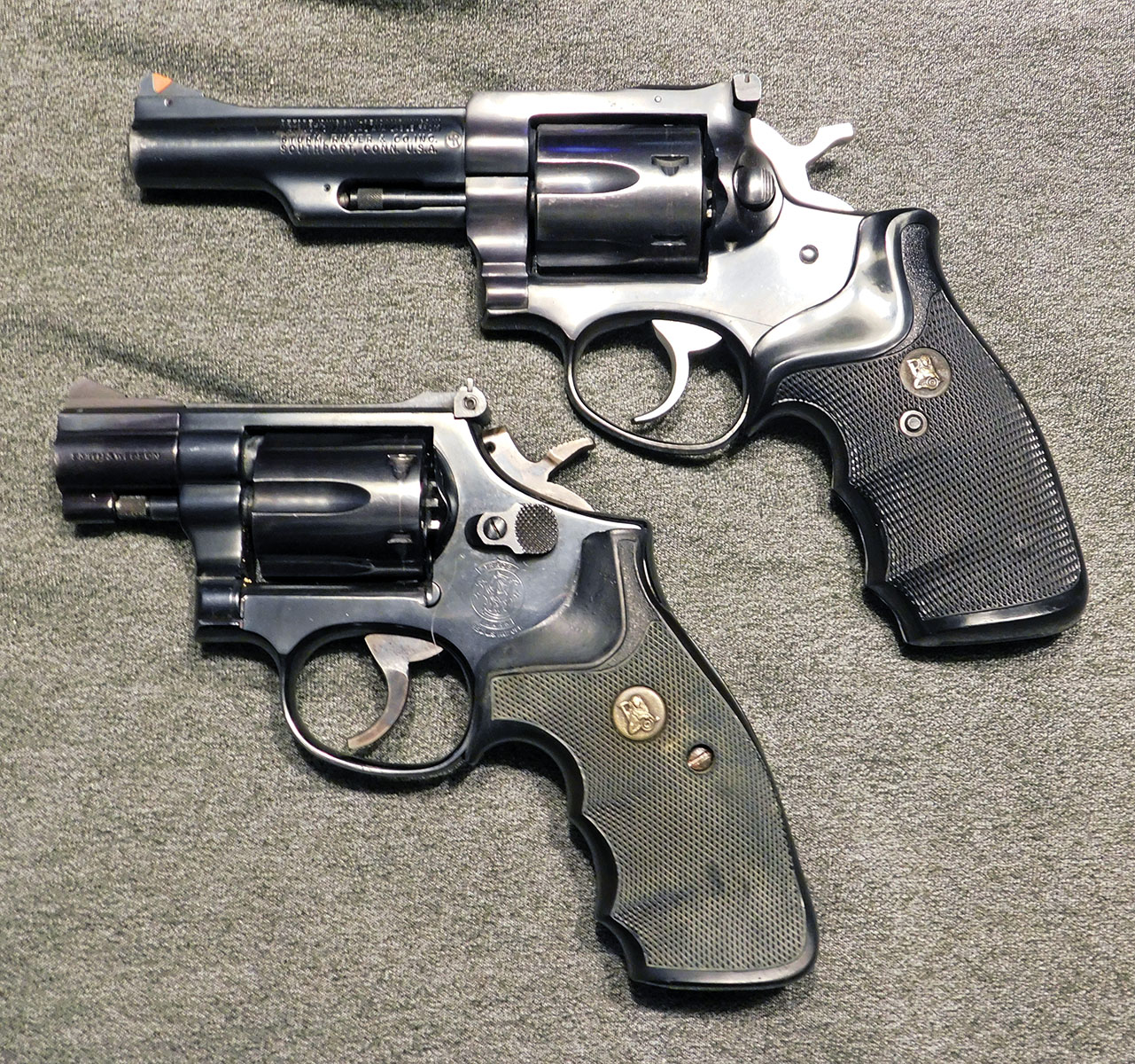 The Ruger Security Six in 357 Magnum (top) was a mainstay for police and security forces for years. A 2-inch barrel 15-4 Smith & Wesson in 38 Special is shown below. Both are fine revolvers. The confusion my friends suffered was caused by caliber rather than cartridge.